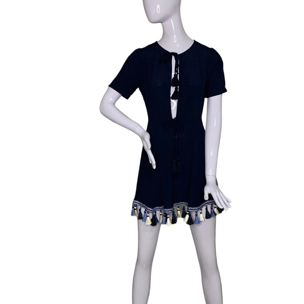 Tularosa Tallulah Tassel Dress Short Sleeve Hidden Zipper on Side Size S Blue
